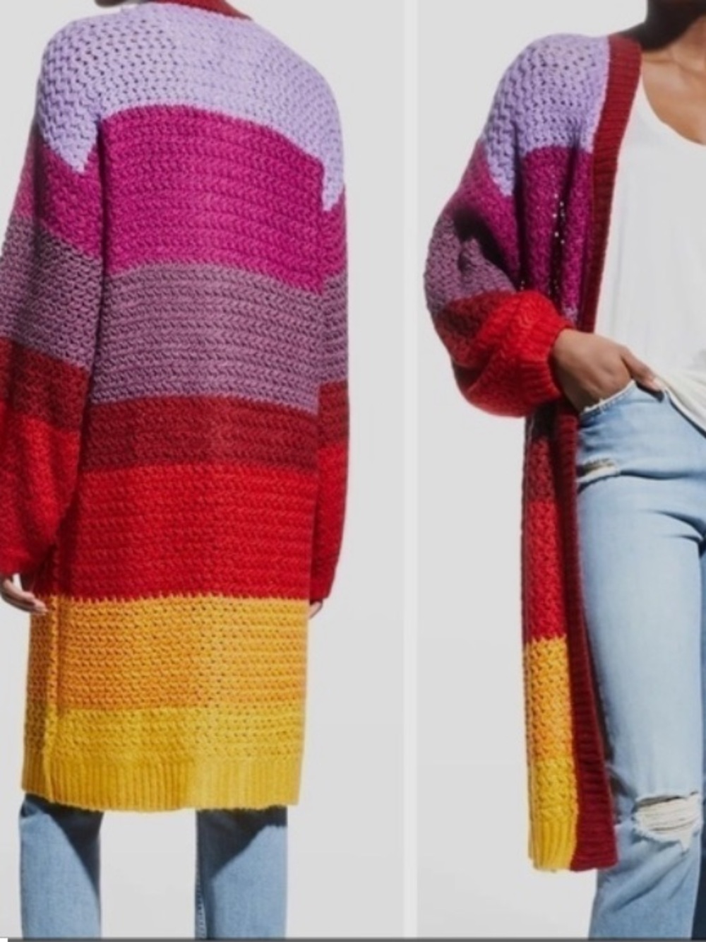 FARM Rio Vibrant Colorblock Open-Front Cardigan — Purple, Pink, Red, Yellow
